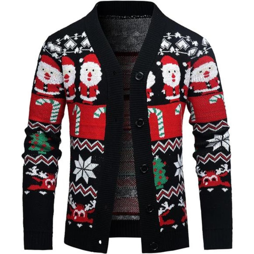 Men's Christmas Sweater Long Sleeve Button-Up Cardigan Polyester Knit Pullover